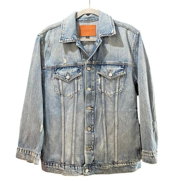 Lucky Brand Blue Boyfriend Trucker Distressed Denim Jeans Jacket Size Small - Picture 1 of 5